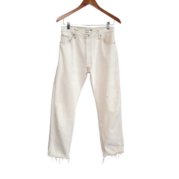 RE/DONE Levi's White Distressed Fringe Hem Straight Leg Button Fly Jeans Size 27 - Picture 1 of 10